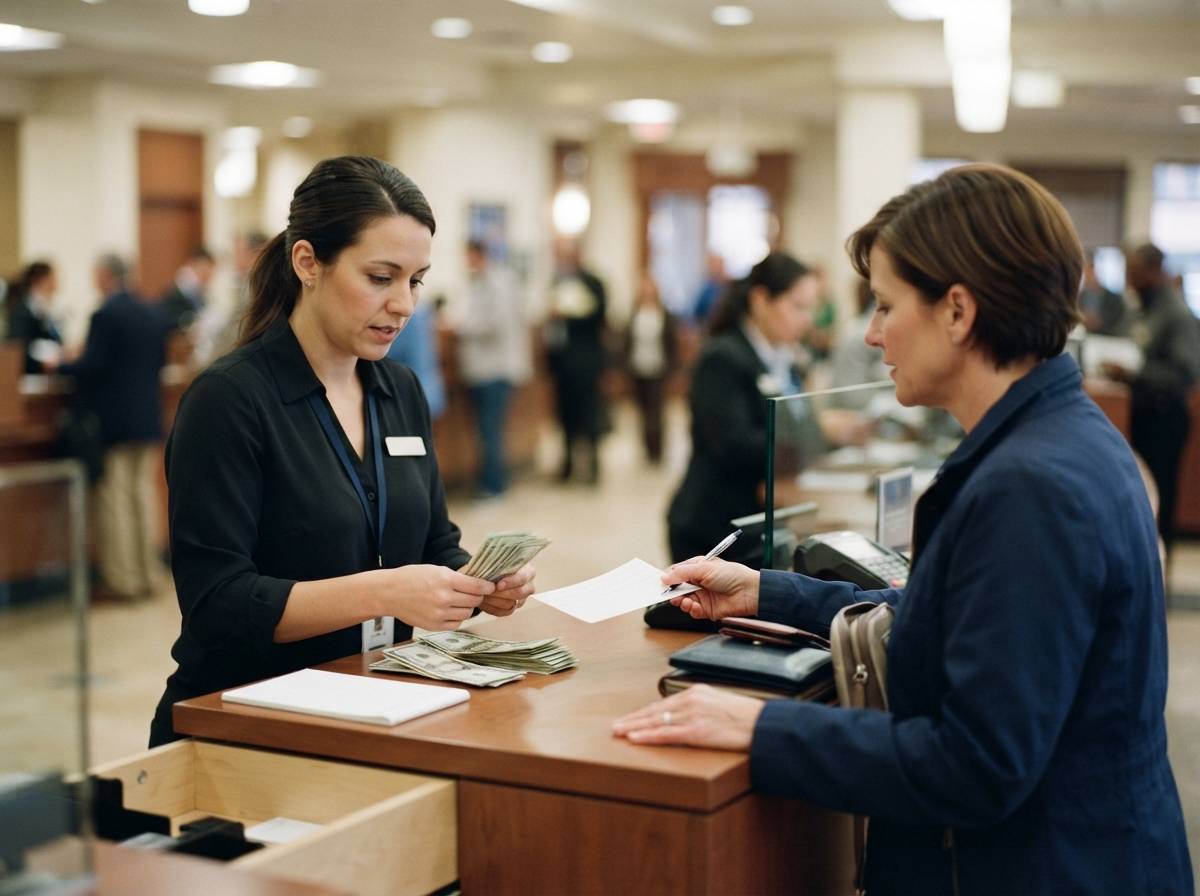 A bank teller counts cash while assisting a customer at the counter.