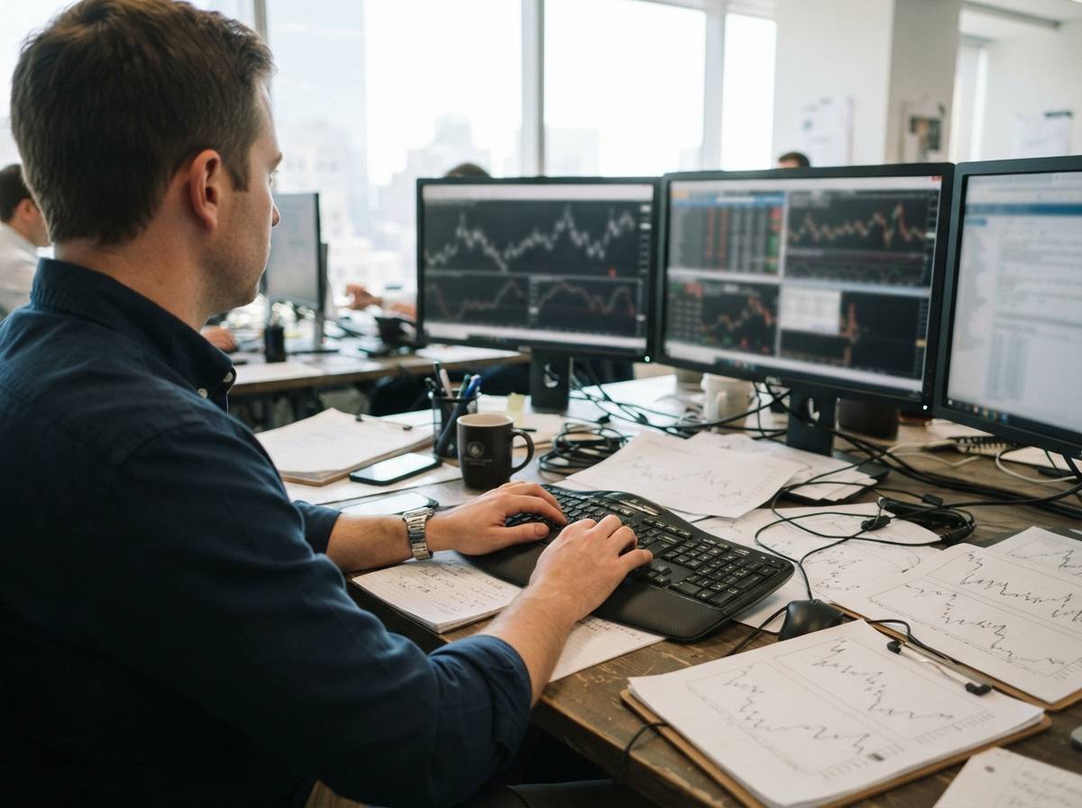 A bond trader works at a cluttered desk covered with yield charts and a coffee cup.