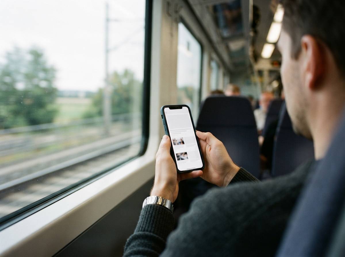 A commuter reads a news feed on a smartphone while riding public transit.