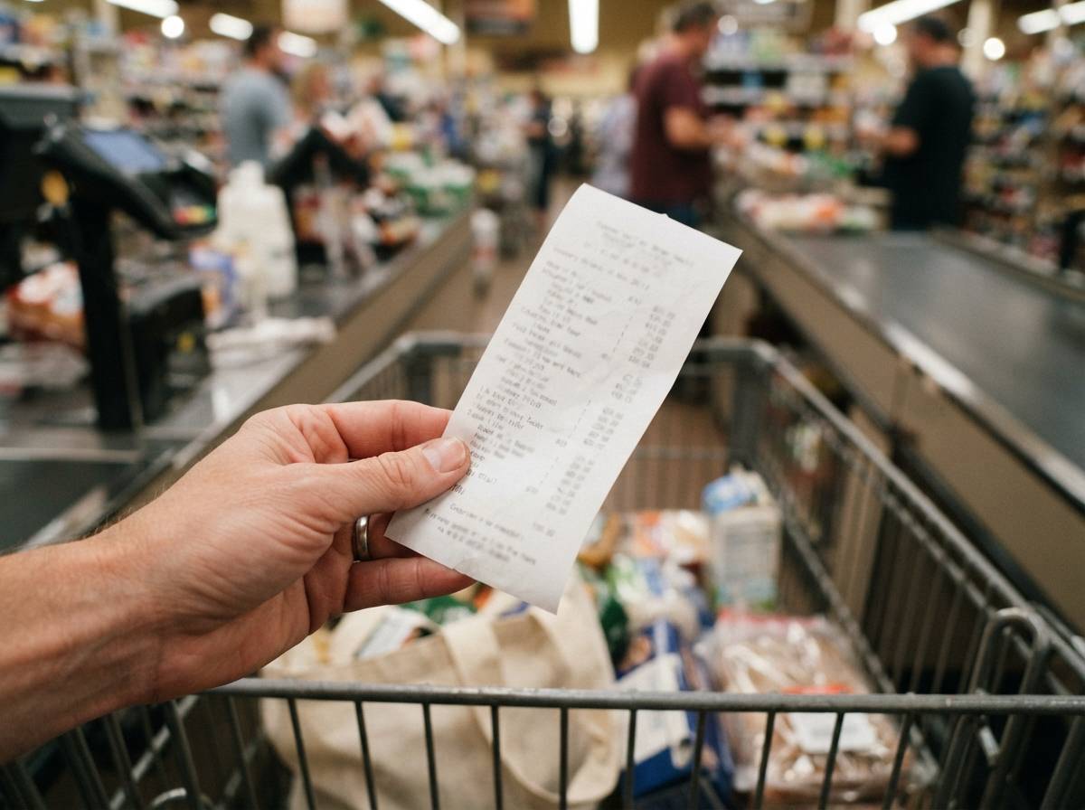 A hand holds a grocery receipt next to a shopping cart at checkout.