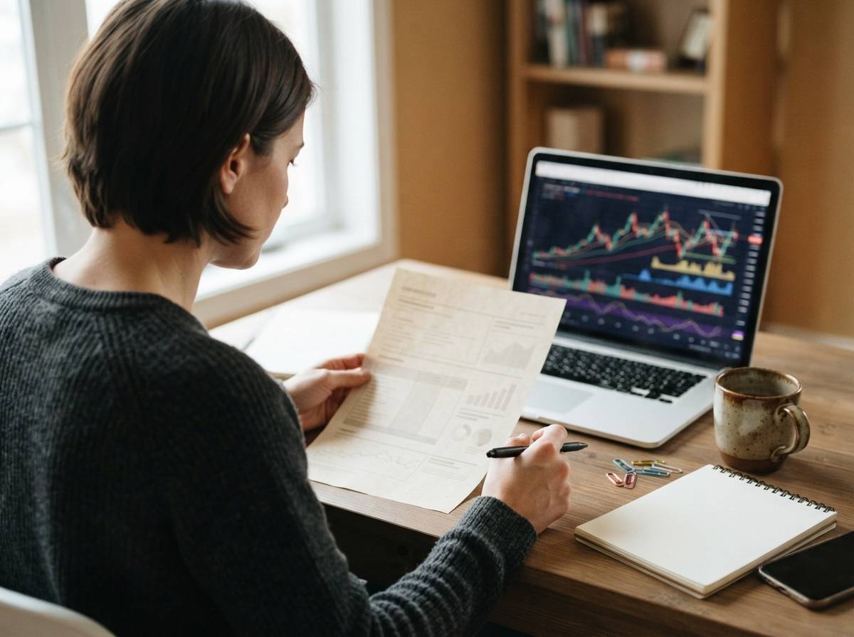 A person reviews a printed brokerage statement next to a laptop displaying stock charts.
