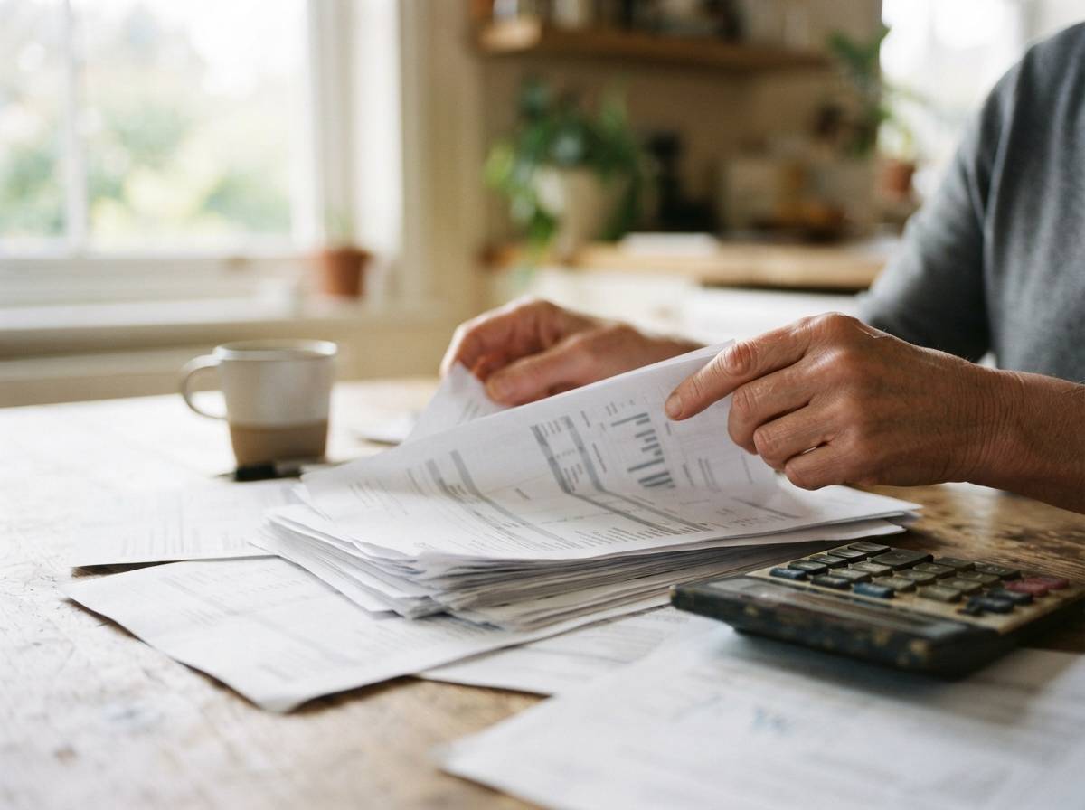 A person reviews printed brokerage account statements at a table.