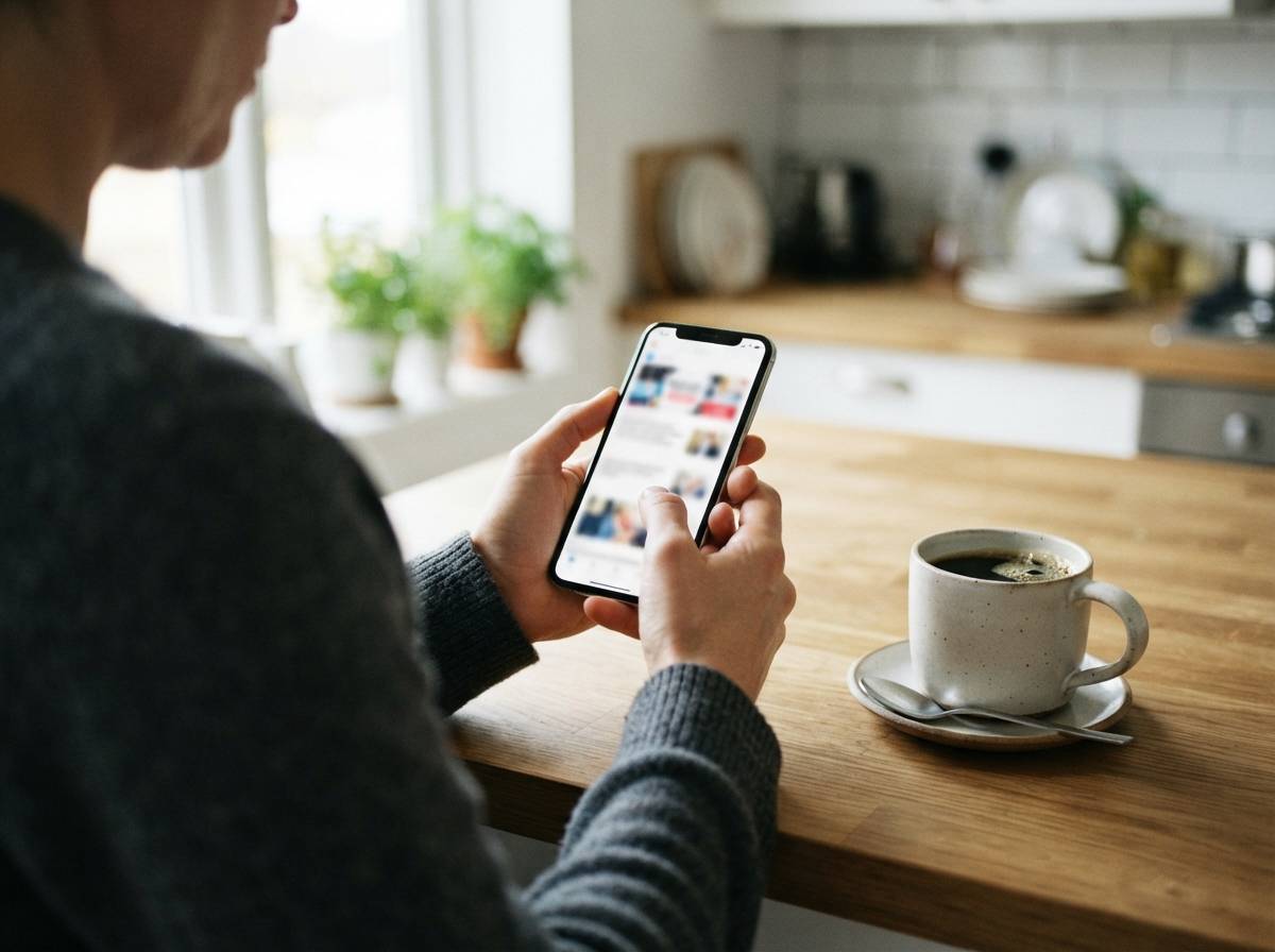 A person scrolls through a news feed on a smartphone at a kitchen table in the morning.