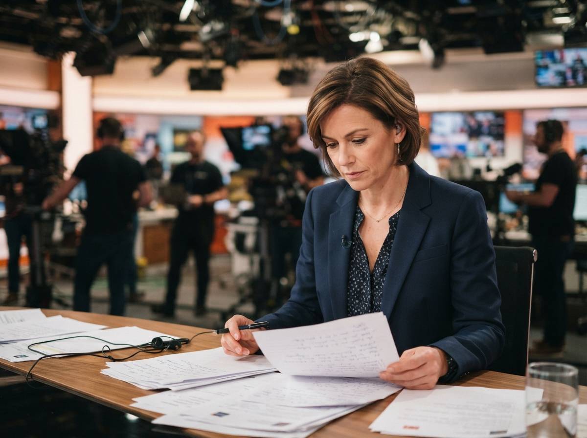 A producer reviewing scripts at a newsroom desk with a television broadcast playing on a monitor in the background.