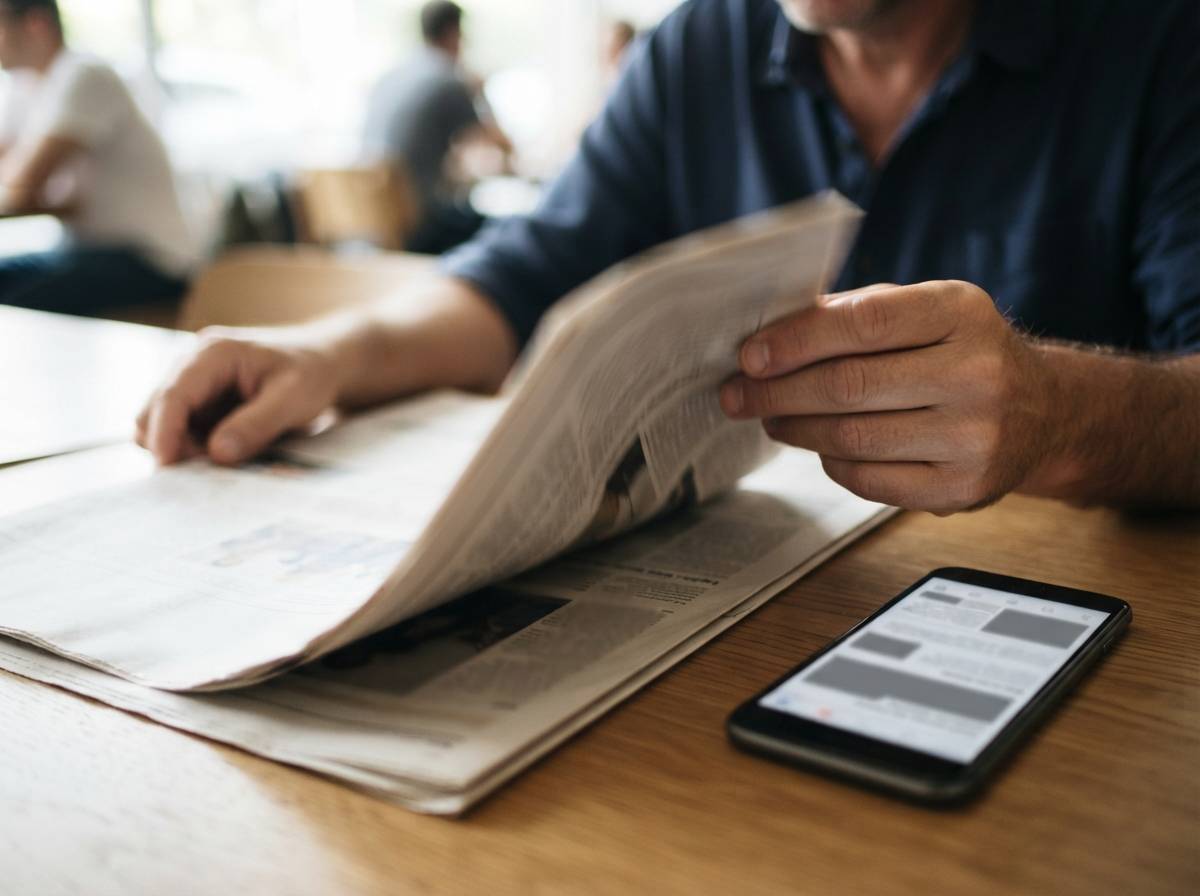 A reader's hands flipping through a newspaper next to a phone showing a news app.