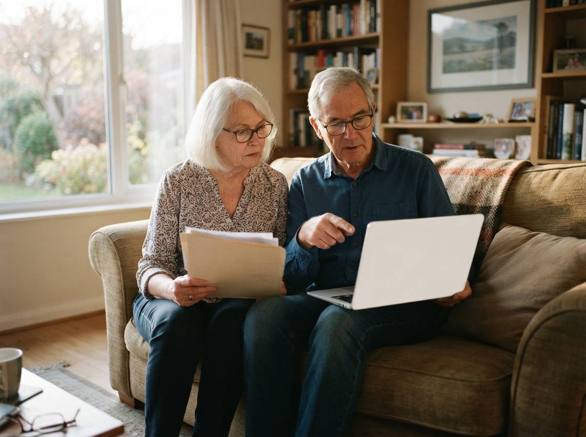 A retired couple looks over financial documents and a laptop together in their living room.