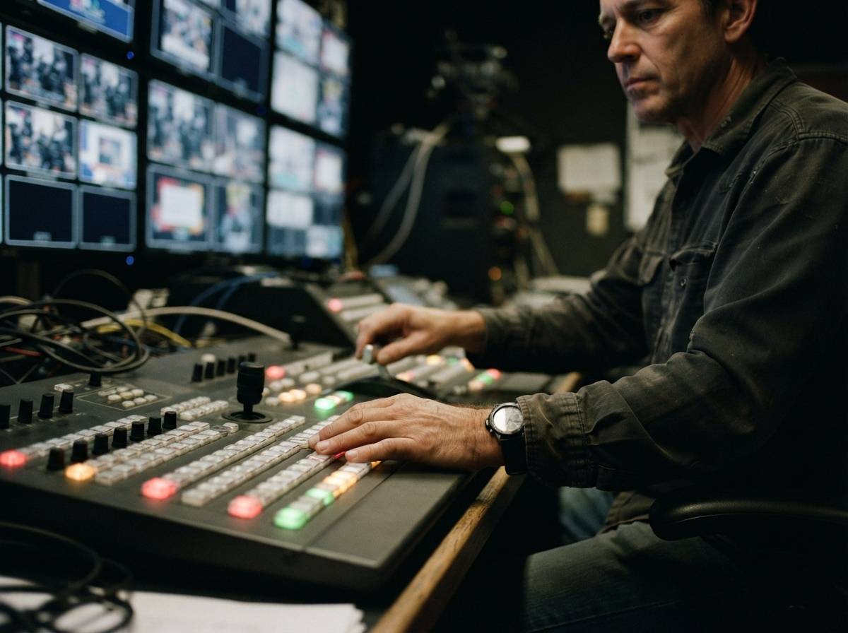 A technical director works at a control room switcher board surrounded by multiple screens.