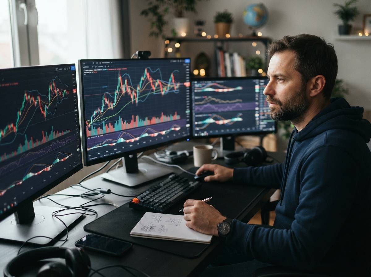 A trader's hand adjusts an order on a laptop trading screen at a cluttered desk.
