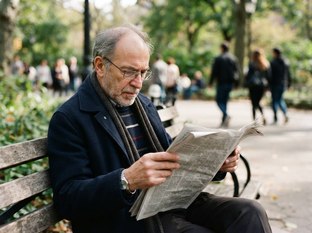An older adult reads a folded newspaper on a park bench in natural daylight.