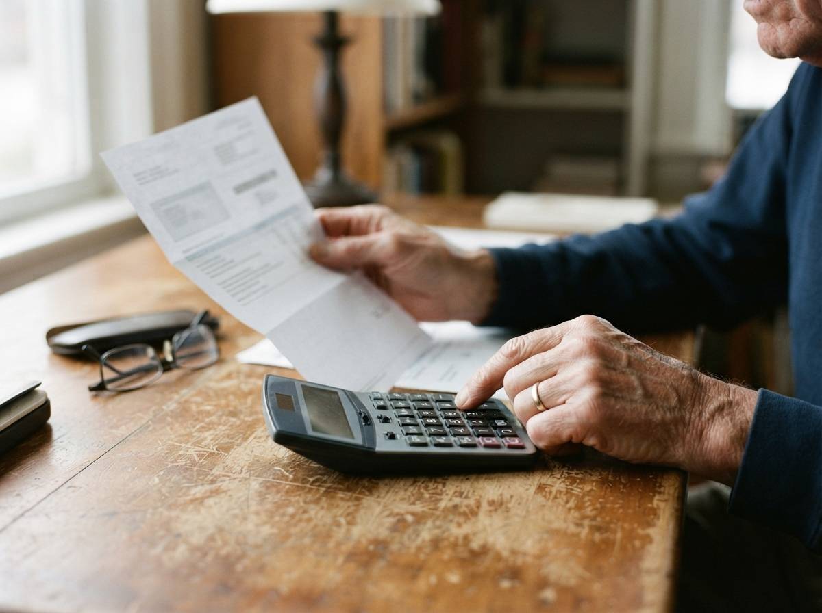 An older adult reviews a Social Security benefits statement with a calculator on a desk.