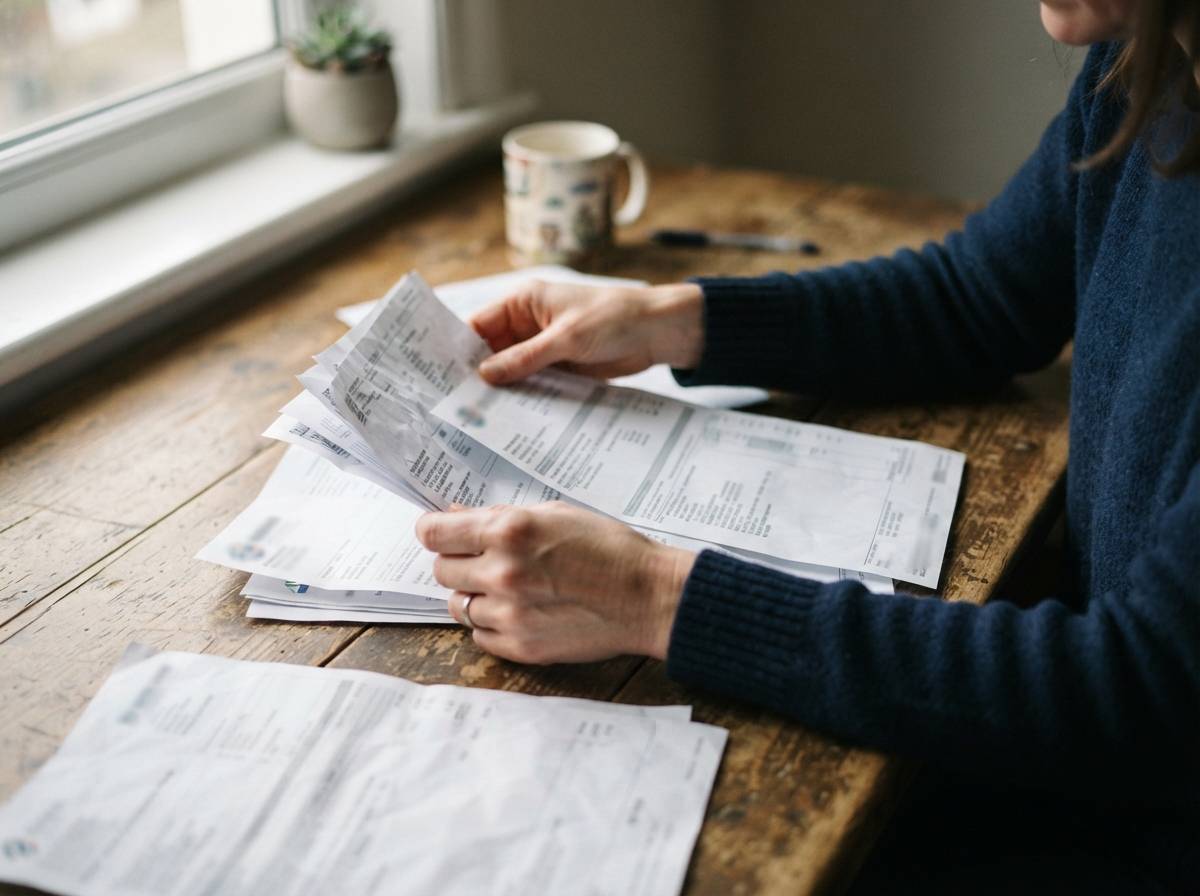 Close up of hands sorting through printed medical bills and insurance statements on a desk.