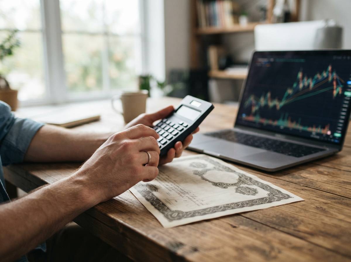 Hands calculate figures next to a printed bond document and laptop on a desk.