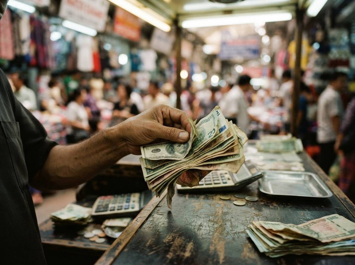 Hands flipping through a stack of Persian language newspapers at an outdoor stand.