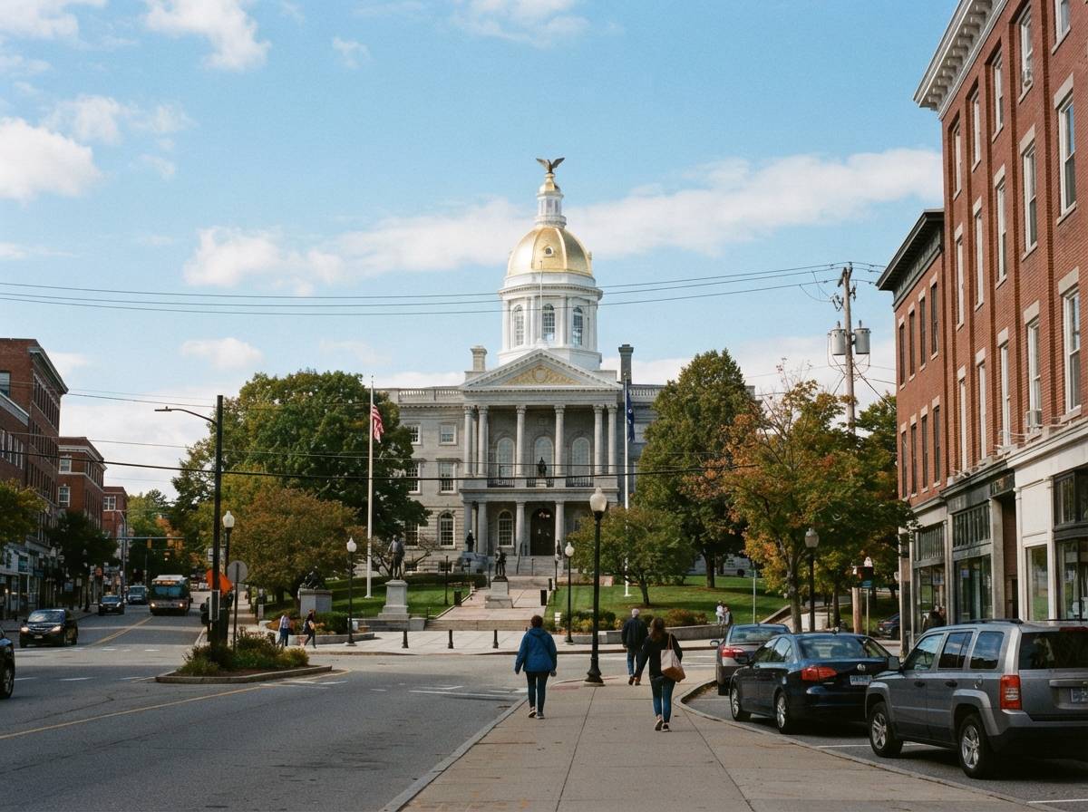 The New Hampshire State House stands in downtown Concord under clear afternoon light.