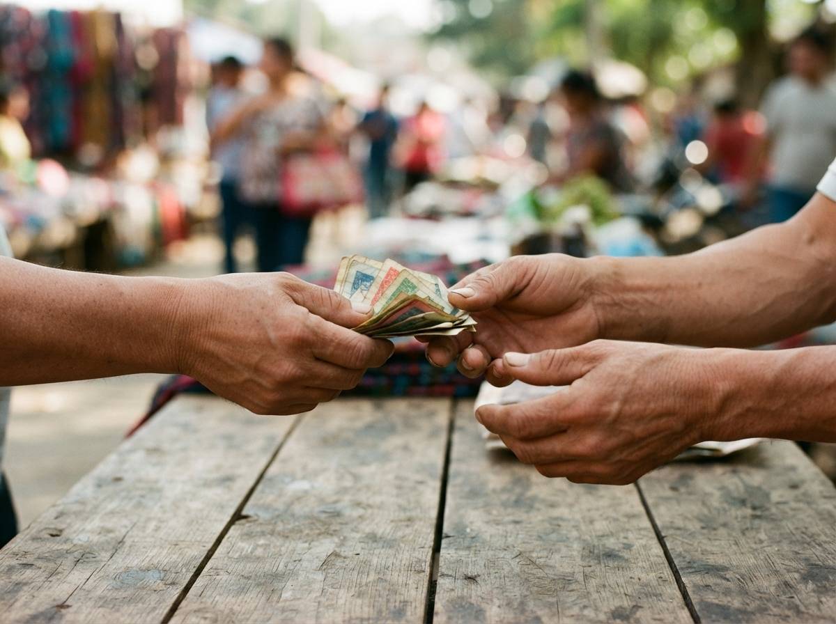 Two hands exchange paper currency across a market stall table.