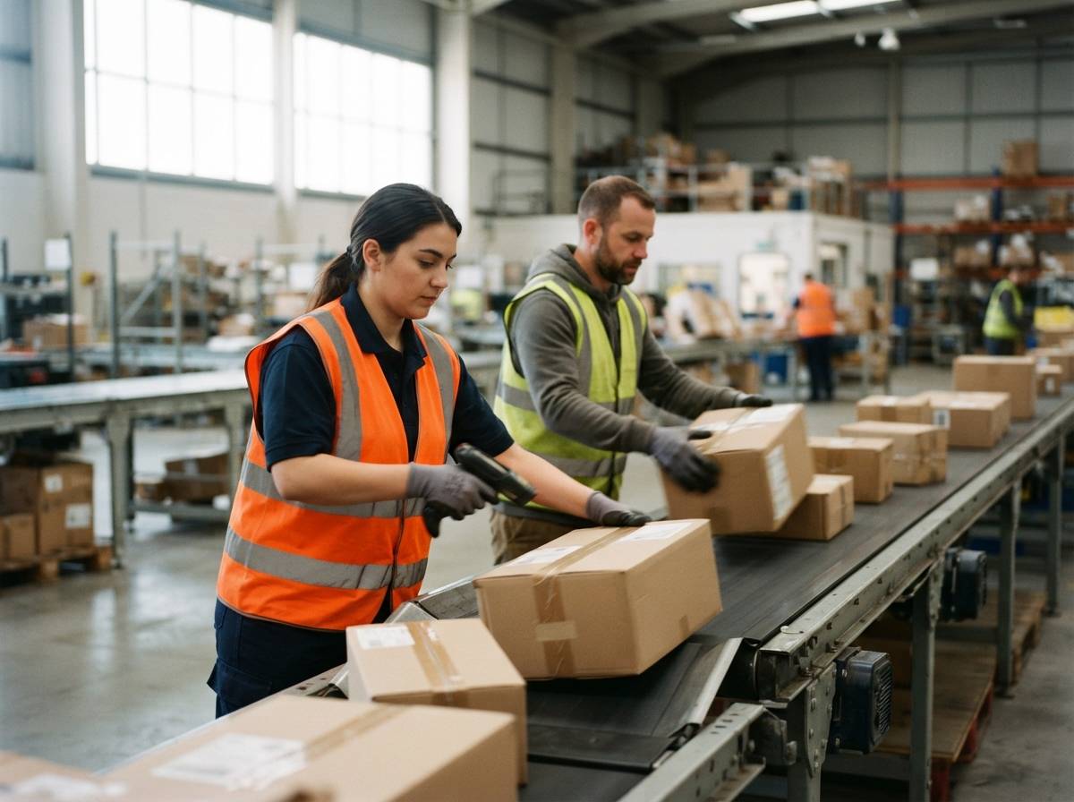 Warehouse workers sort and scan packages on a conveyor belt.
